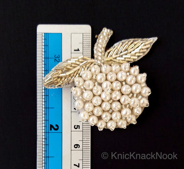 Hand Embroidered White Fruit Applique, White Pearl Beads Applique Orange Motif In Pearls, Kids Applique Patch
